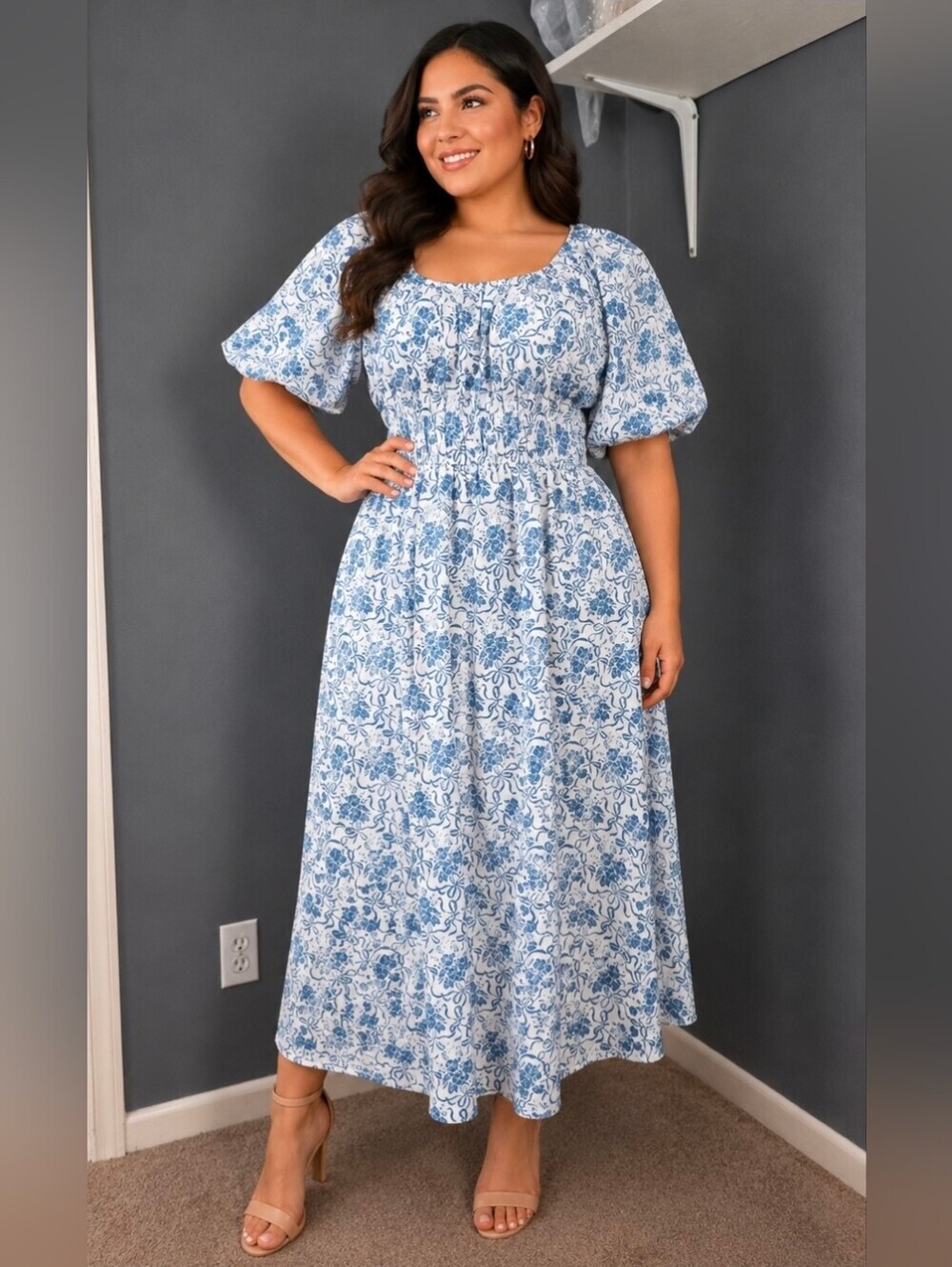 Polagram Blue and White Floral Puff-Sleeve Maxi DressLightweight floral maxi wit